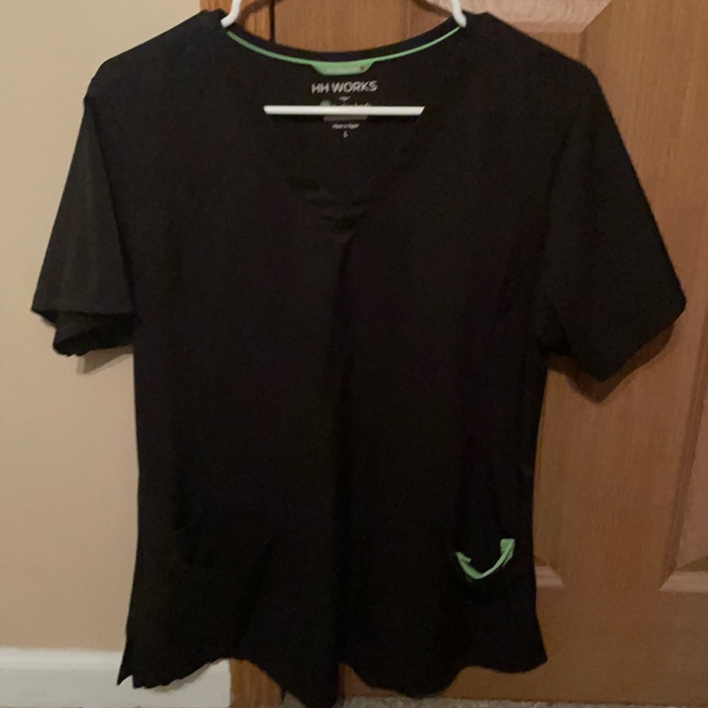 Healing hands black scrub top.